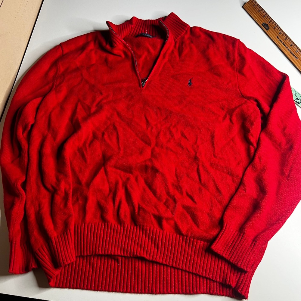 Polo Ralph Lauren Mens 1X Red Cotton Quarter Zip Pullover Sweater Navy Pony